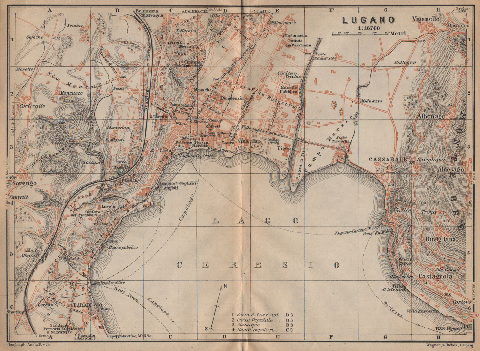 LUGANO. town city stadtplan. Switzerland Suisse Schweiz carte karte 1907 map